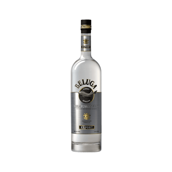 Beluga Noble Russian Vodka 1L clear glass bottle with silver label on white background