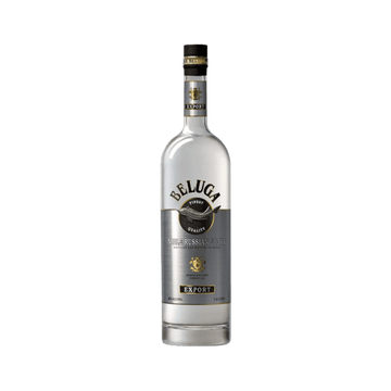 Beluga Noble Russian Vodka 1L clear glass bottle with silver label on white background