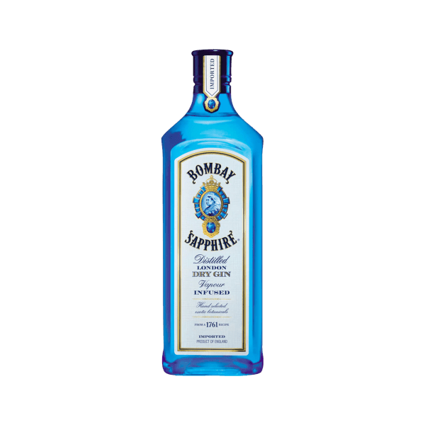 Blue bottle of premium London dry gin with detailed label, clear background