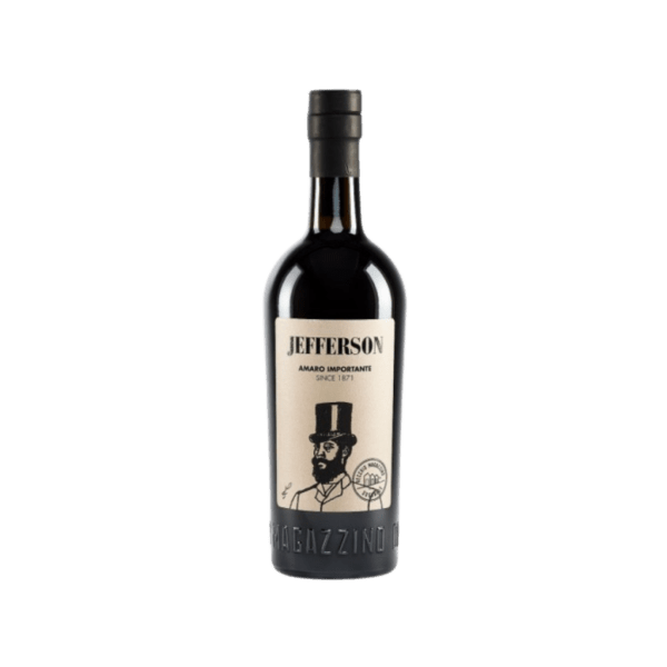 Jefferson Amaro Importante premium liqueur bottle with vintage label on white background