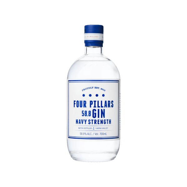 Four Pillars Navy Strength Gin 700ml clear bottle with blue and white label
