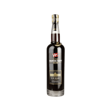 A.H. Riise Royal Danish Navy dark rum bottle with label and Danish flag on clear background