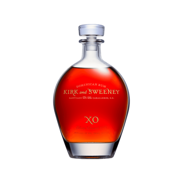 Kirk and Sweeney XO Dominican rum in an elegant glass bottle on a clear background