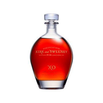 Kirk and Sweeney XO Dominican rum in an elegant glass bottle on a clear background
