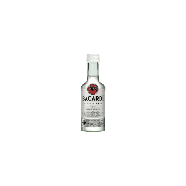 Mini bottle of Bacardi Carta Blanca white rum with a white cap on a transparent background