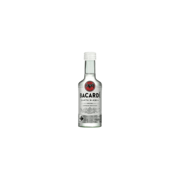 Mini bottle of Bacardi Carta Blanca white rum with a white cap on a transparent background