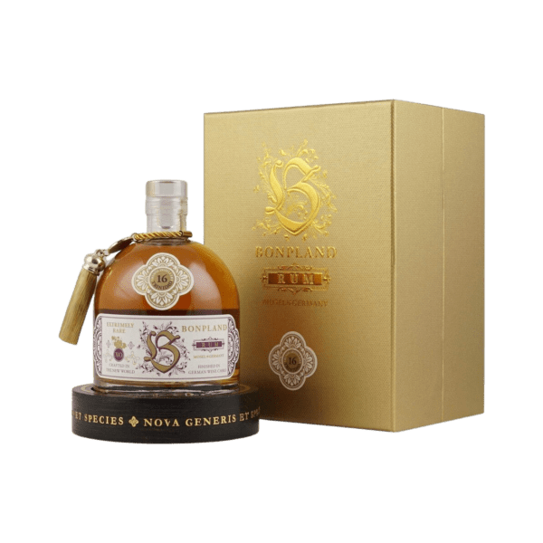 Bonpland 16-year-old premium rum bottle with gold gift box, luxury packaging