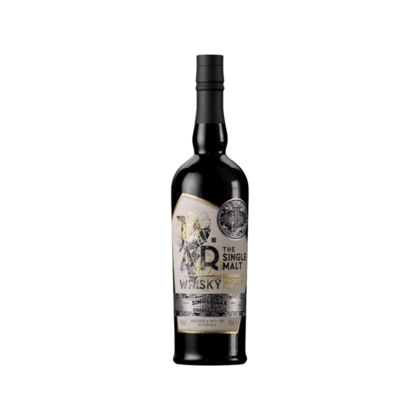 Single malt whisky bottle with black and gold label on transparent background