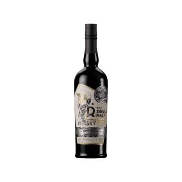 Single malt whisky bottle with black and gold label on transparent background