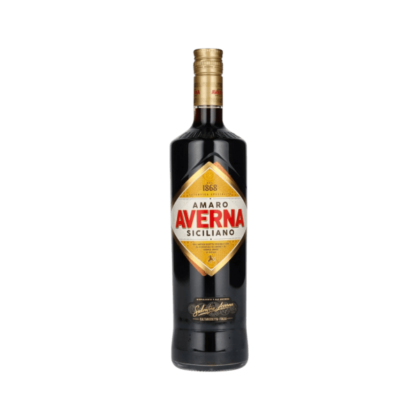 Amaro Averna Siciliano herbal liqueur bottle with gold and red label on white background