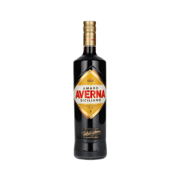 Amaro Averna Siciliano herbal liqueur bottle with gold and red label on white background
