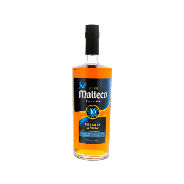 Malteco Panama 10-year aged rum bottle with dark label on white background