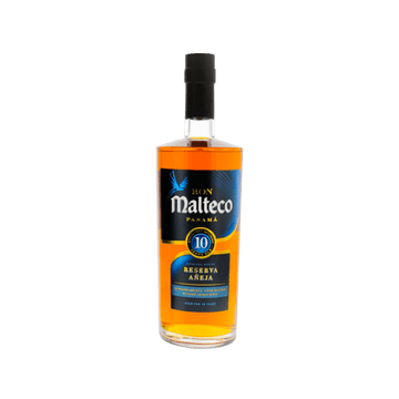 Malteco Panama 10-year aged rum bottle with dark label on white background