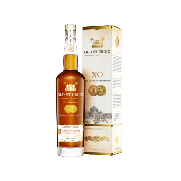 Old St. Croix XO Reserve premium spirit bottle with branded box, gold medals visible