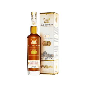 Old St. Croix XO Reserve premium spirit bottle with branded box, gold medals visible