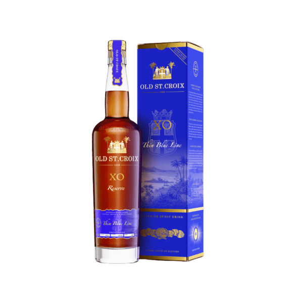 Old St. Croix XO Reserve premium spirit bottle with blue gift box, elegant packaging