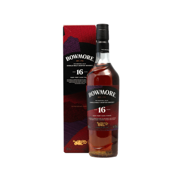Bowmore 16 year old single malt Scotch whisky bottle with matching gift box, premium spirits