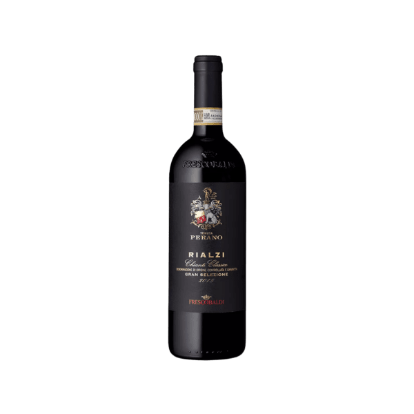 Perano Rialzi Gran Selezione Italian red wine bottle with black label on white background