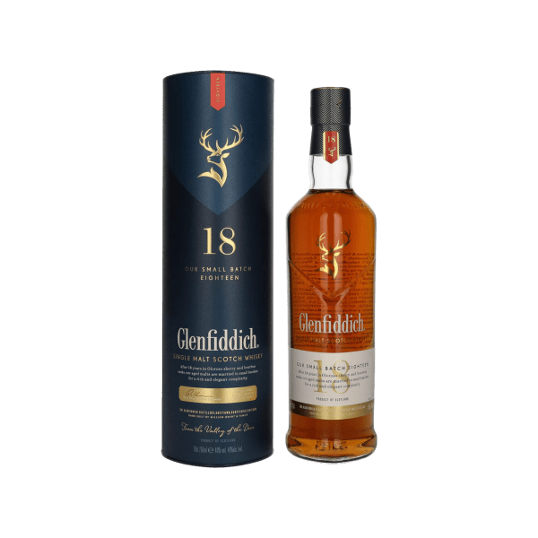 Glenfiddich 18 year old single malt Scotch whisky bottle with gift box, premium spirits