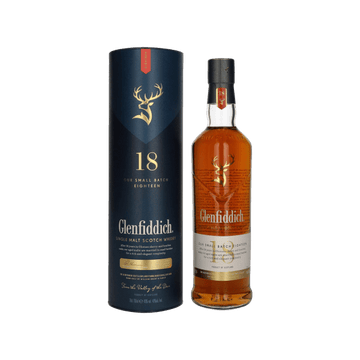 Glenfiddich 18 year old single malt Scotch whisky bottle with gift box, premium spirits