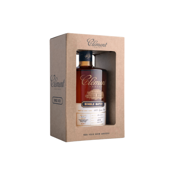 Clement Single Batch rum bottle in brown gift box, premium aged rum packaging