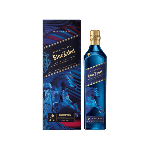 Johnnie Walker Blue Label limited edition whisky bottle and box with blue horse design