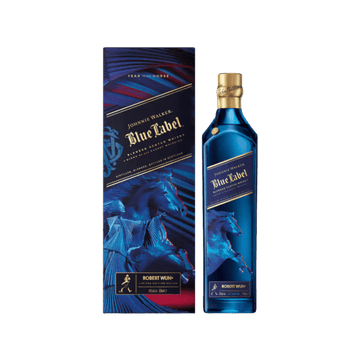 Johnnie Walker Blue Label limited edition whisky bottle and box with blue horse design