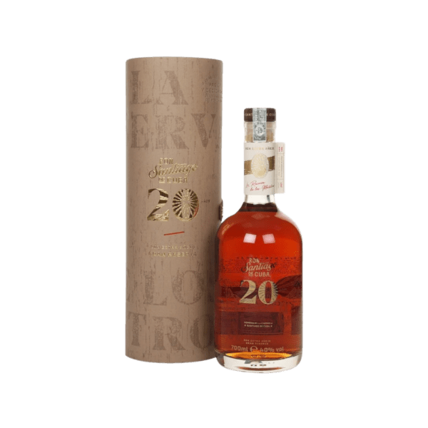 A bottle of Santiago de Cuba 20-year-old premium rum with decorative packaging