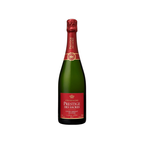 Prestige des Sacres champagne bottle with red and gold label on a transparent background