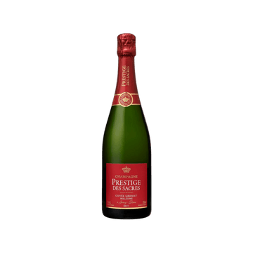 Prestige des Sacres champagne bottle with red and gold label on a transparent background