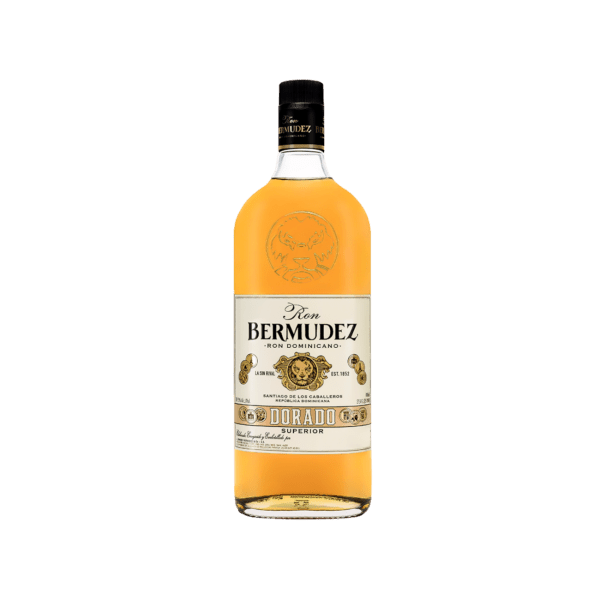 Bermudez Dorado Superior Dominican rum bottle with gold label on transparent background