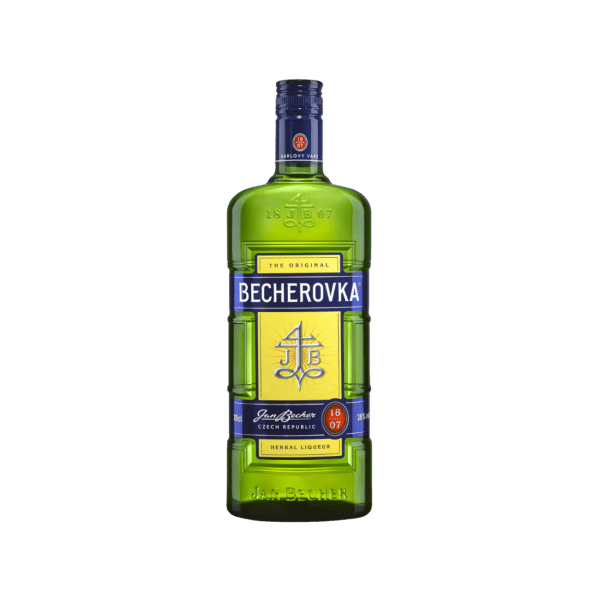 Becherovka herbal liqueur bottle with green glass and blue-yellow label on white background