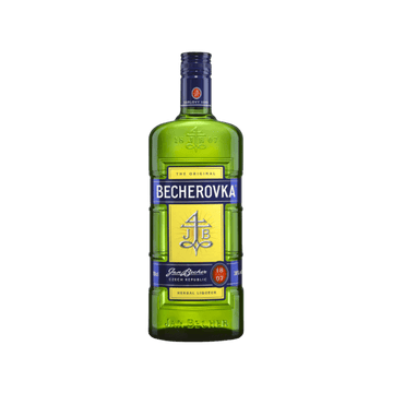 Becherovka herbal liqueur bottle with green glass and blue-yellow label on white background