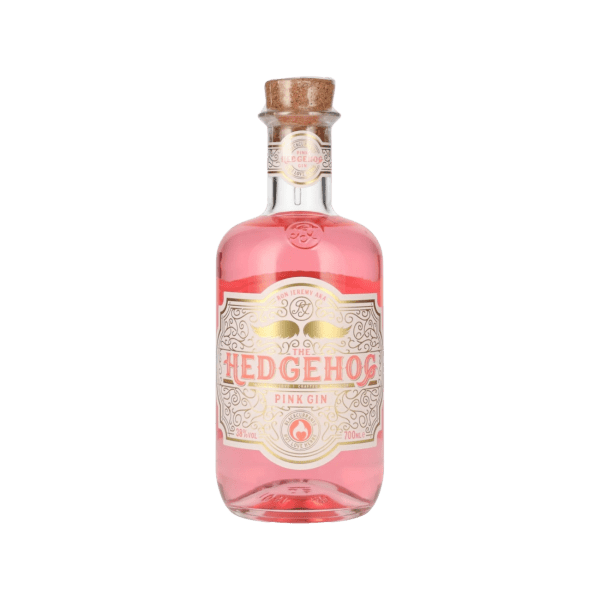 The Hedgehog Pink Gin 700ml bottle with cork cap, premium pink spirit, gold and pink label