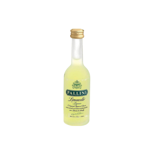 Pallini Limoncello liqueur mini bottle, premium Italian lemon drink, isolated on white background