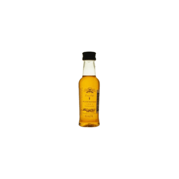 Mini bottle of premium golden rum with black cap on plain background