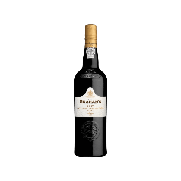 Graham's 2017 Late Bottled Vintage Port wine bottle with gold foil cap