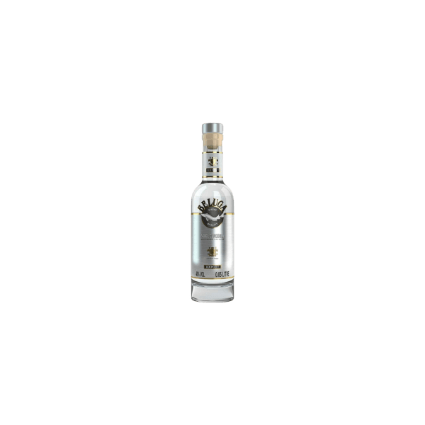Premium clear vodka bottle with gold and black label on white background