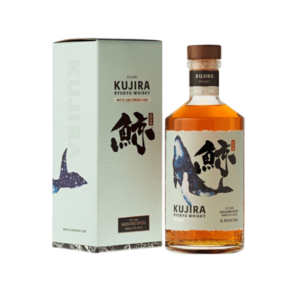 Kujira Ryukyu whisky bottle and box with whale illustration and Japanese text