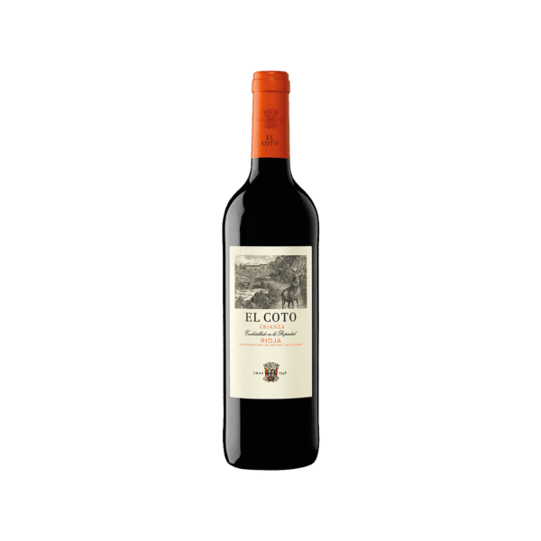 El Coto red wine bottle with orange cap, Rioja Crianza, isolated on white background