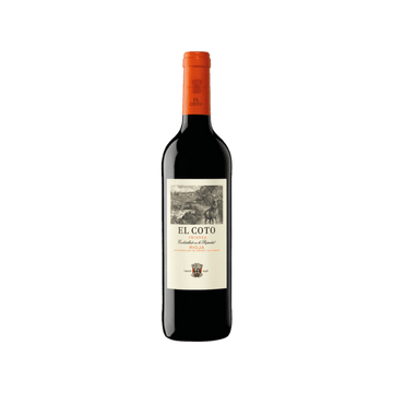 El Coto red wine bottle with orange cap, Rioja Crianza, isolated on white background