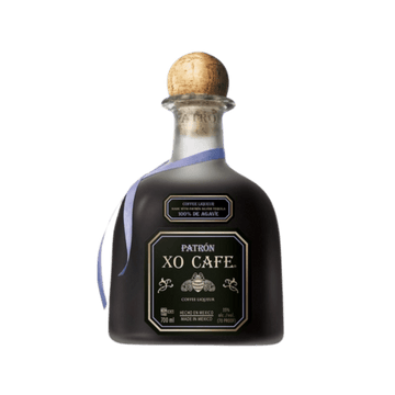 Patrón XO Cafe coffee liqueur bottle with cork and black label on white background