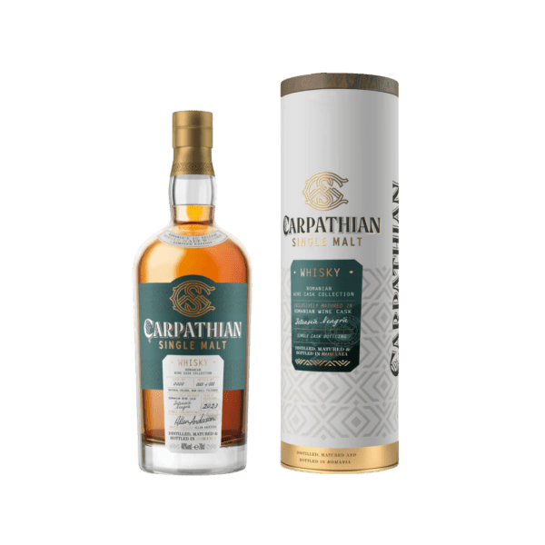 Carpathian Single Malt whisky bottle with matching gift tube, premium spirits packaging