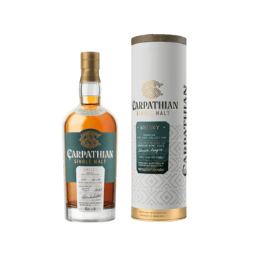 Carpathian Single Malt whisky bottle with matching gift tube, premium spirits packaging