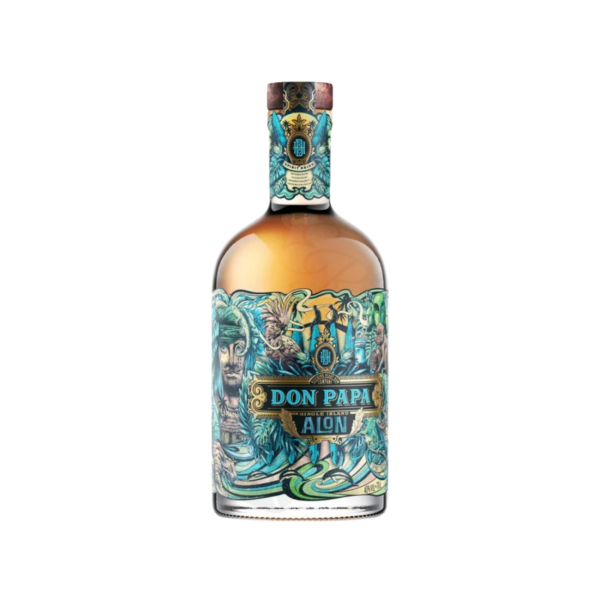 Don Papa Alon premium rum bottle with colorful, artistic label design