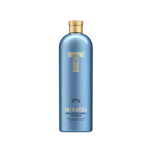 Tatratea 27% aronia and black currant tea liqueur in a metallic blue bottle