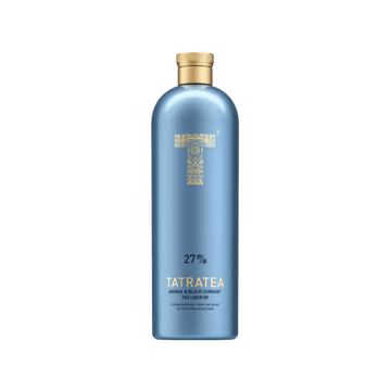 Tatratea 27% aronia and black currant tea liqueur in a metallic blue bottle