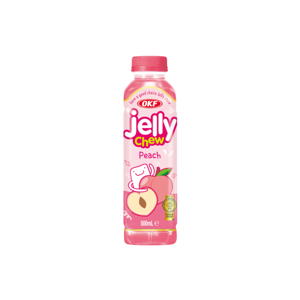 OKF Jelly Chew Peach drink 500ml bottle with peach graphic and pink label