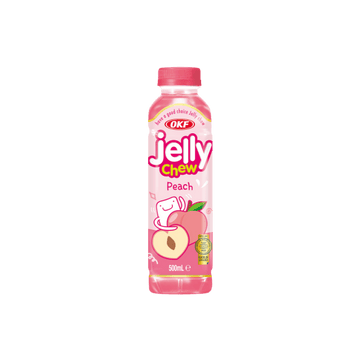 OKF Jelly Chew Peach drink 500ml bottle with peach graphic and pink label