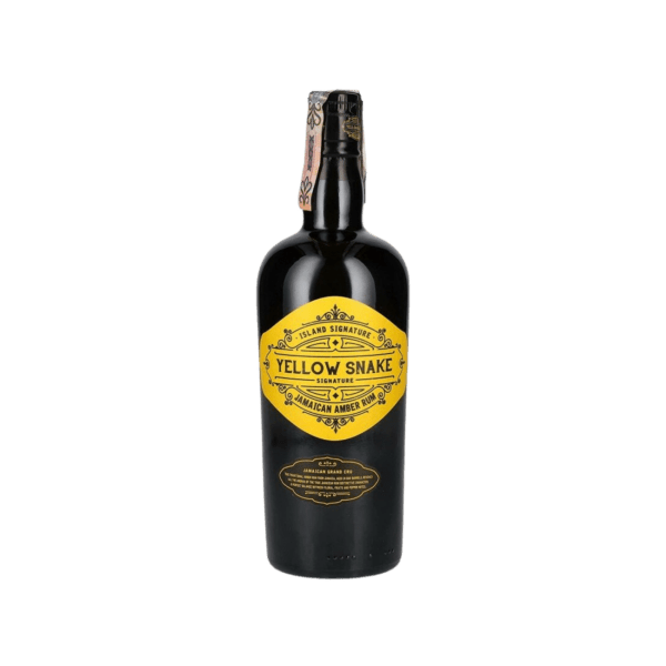 Yellow Snake Jamaican amber rum bottle with yellow label on transparent background